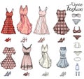 Pack with woman dresses,shoes and bra. Objects on white for fashion design. Red and pastel color. Romantic, festive and glamour