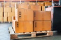 Package Boxes Stack on Wooden Pallets. Cardboard Boxes, Parcels, Warehouse Shipping, Supply Chain, Cargo Supplies Royalty Free Stock Photo