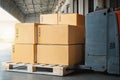 Package Boxes Stack on Wooden Pallets to Send to Customers. Warehouse Shipping. Supply Chain, Supplies Shipment. Royalty Free Stock Photo