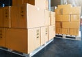 Package Boxes Stacked on Pallets at Warehouse. Cartons Parcel, Supply Chain. Supplies Warehouse Shipping.