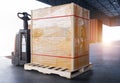 Package Boxes Wrapped Plastic Film on Pallet with Electric Forklift Pallet Jack. Cargo Shipment Boxes Warehouse Logistics Royalty Free Stock Photo