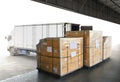 Package Boxes Wrapped Plastic Film on Pallets Loading with Shipping Cargo Container. Supply Chain. Truck Loading at Dock Warehouse Royalty Free Stock Photo