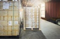 Package Boxes Wrapped Plastic Film on Pallets Loading with Shipping Cargo Container. Supply Chain. Trucks Parked Loading at Dock. Royalty Free Stock Photo