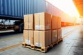 Package Boxes Wrapped Plastic Stacked on Pallets Load into Cargo Container. Trucks Loading Dock Warehouse. Supply Chain Shipment