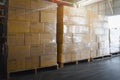 Package Boxes Wrapped Plastic Stacked on Pallets. Storage Warehouse, Storehouse Distribution. Supply Chain. Warehouse Logistics.