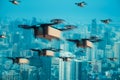 Package cardboard box drones fly above  skies,business concept and  air transportation industry, through rapid delivery,Unmanned Royalty Free Stock Photo