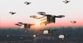 Package cardboard box drones fly above skies,business concept and air transportation industry, through rapid delivery,Unmanned