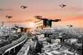 Package cardboard box drones fly above  skies,business concept and  air transportation industry, through rapid delivery,Unmanned Royalty Free Stock Photo