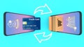 Package and credit card are appeared from smartphones screen., E-commerce flat and shopping online concept., 3D rendering