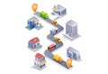Package delivery truck trip in isometric and flat Royalty Free Stock Photo