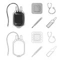 Package with donor blood and other equipment.Medicine set collection icons in outline,monochrome style vector symbol