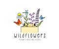 Package with flowers and herbs, butterflies and dragonflies, logo design. Wildflowers, meadows, nature and insects, vector design