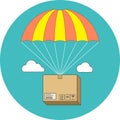 Package flying on parachute, delivery service concept. Flat design.