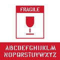 Package fragile stamp with cargo alphabet for wooden box sign. Handle with care. Vector Royalty Free Stock Photo