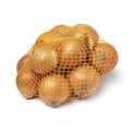 Package of fresh raw brown onions in a net on white background Royalty Free Stock Photo