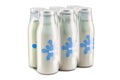 Package of glass milk bottles in shrink film, 3D rendering