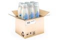 Package of glass milk bottles in shrink film inside cardboard box, delivery concept. 3D rendering Royalty Free Stock Photo