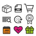Package icon. PDF document symbol. 24 hour open icon. Shopping and sale signs. Heart and Birthday icons. Eps10 Vector.