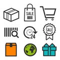 Package icon. Shopping bag, Shopping cart and sale symbols. 24 hour open icon. Birthday signs. World globe icons