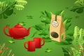 Package luxury green tea, red kettle pot stuff cartoon vector illustration. Business contact web banner site, landing