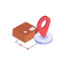 Package with map pin, concept isometric icon of delivery location