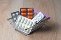 Package of medicine tablets in the shopping cart. Purchase of medicines pills. Protection from virus infection