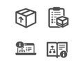 Package, Online documentation and Parcel checklist icons. Technical algorithm sign. Vector