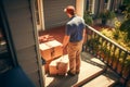 Package from the postman at the front door of the house. Postman leaves the parcel in cardboard box at the doorstep. Generative AI