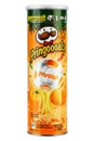 A package of Pringles Paprika potato crisps, isolated on white background. Insulated packaging for catalog. File contains clipping