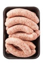 Package of raw beef or pork sausages isolated on white Royalty Free Stock Photo