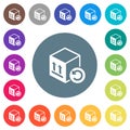 Package return flat white icons on round color backgrounds