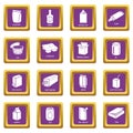 Package types icons set purple square vector