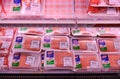 Packaged fresh minced pork for sale in NTUC supermarket, displayed on shelves