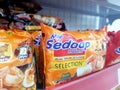 Packaged instant noodles on display at a supermarket, Jakarta.