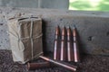 Packaged and Loose Gun Bullets and Ammo for a Mosin Nagant Rifle Royalty Free Stock Photo
