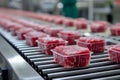 Packaged meat on a conveyor belt is in focus, depicting food industry operations. The picture captures the methodical