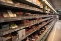 Packaged meat on display in cooler chillers inside a supermarket food department