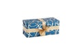 Packaged rectangular gift in blue packaging with gold bow and gold pattern on a white background