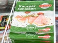 Packaged sliced ham display in grocery store Royalty Free Stock Photo