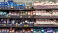 Packages with cereals on a shelf in a supermarket