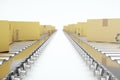 Packages delivery, packaging service and parcels transportation system concept, cardboard boxes on conveyor belt, 3d Royalty Free Stock Photo
