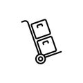 Packages delivery on a trolley icon in black. Hand truck. Vector on isolated white background. EPS 10