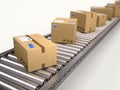 Packages and parcels delivery concept - cardboard boxes on conveyor