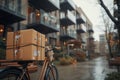 Packages secured on a bike against a modern apartment building backdrop, symbolizing urban delivery services