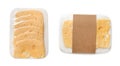 Packages with sliced cheese on white background, top view Royalty Free Stock Photo