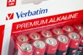 Packaging of batteries. Close-up of Verbatim brand batteries. Selective focus. Ukraine. Kyiv. 11.03.2023