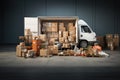 Packaging boxes shipping trucks. Supply chain shipment parcel. Distribution supplies warehouse. Freight Truck transport Royalty Free Stock Photo