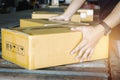 Packaging Boxes Sorting on Conveyor Belt. Cardboard Boxes. Storehouse. Distribution Warehouse. Shipping Supplies Warehouse.
