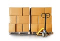 Packaging Boxes Stacked on Pallets with Hand Pallet Truck. Isolated on White Background. Cartons, Cardboard Boxes. Shipment Goods. Royalty Free Stock Photo