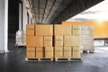 Packaging Boxes Stacked on Pallets Loading into Cargo Container. Cartons Cardboard Boxes. Distribution Supplies Warehouse Logistic Royalty Free Stock Photo